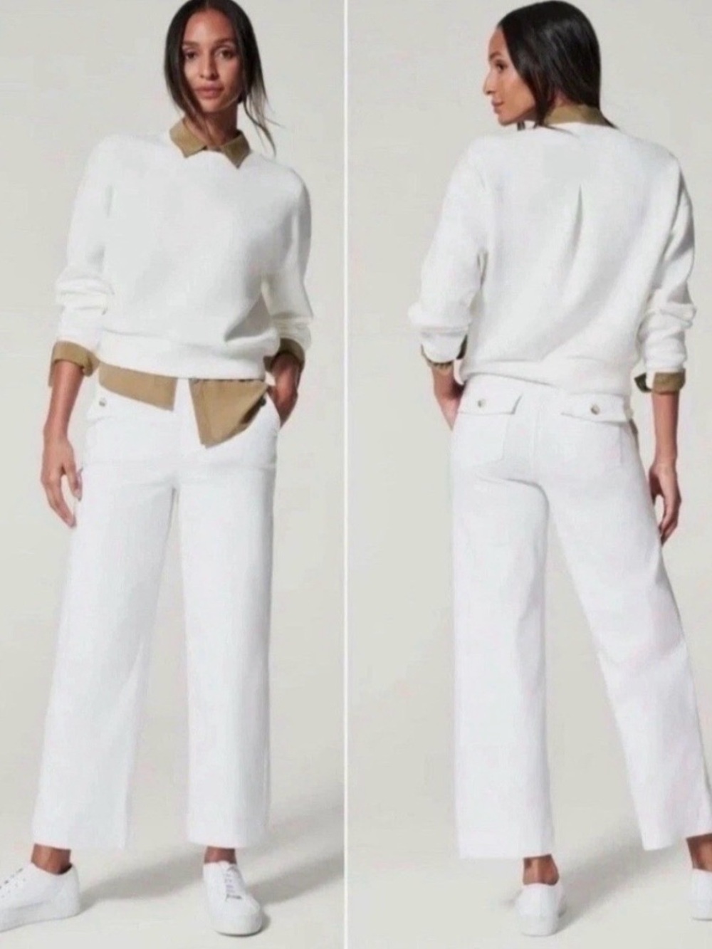 SPANX Stretch Twill Wide Leg Cropped Pants White Women’s Small Pull-On Sz Small